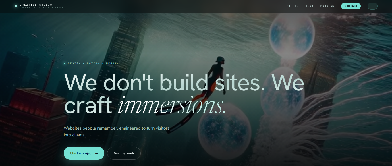 Creative Studio desktop homepage with a surreal underwater city scene