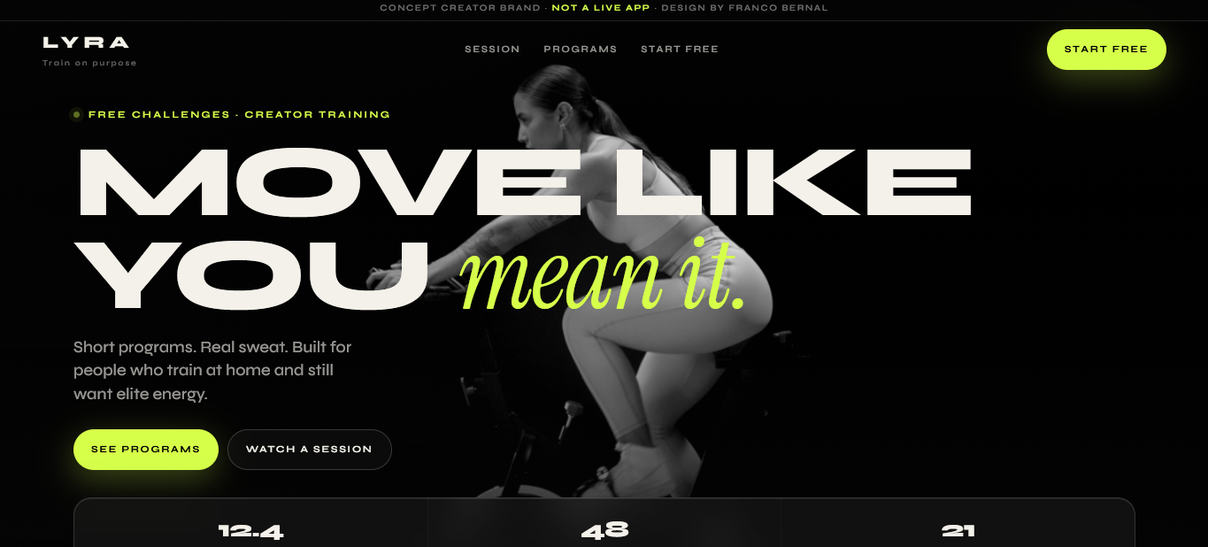 LYRA desktop fitness concept with high-contrast typography and cycling photography