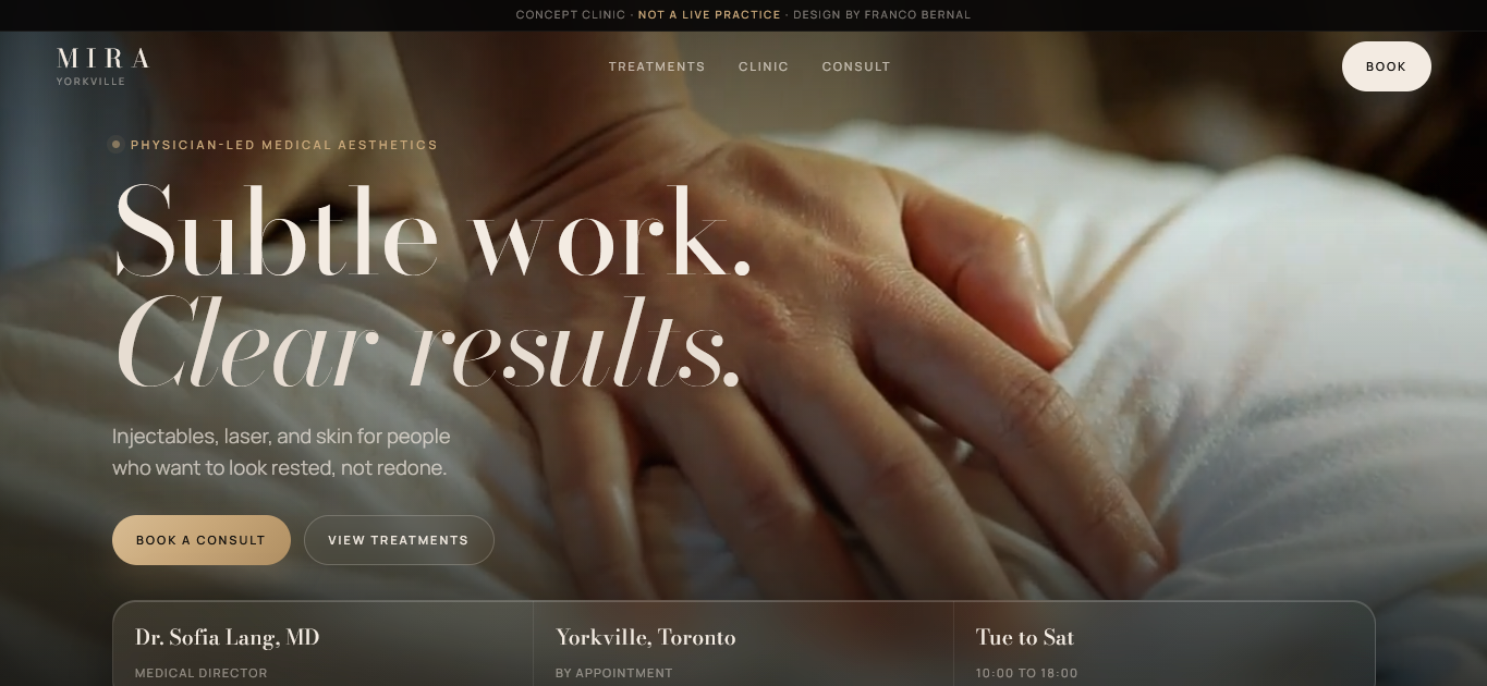 MIRA desktop medical aesthetics concept with warm clinical photography